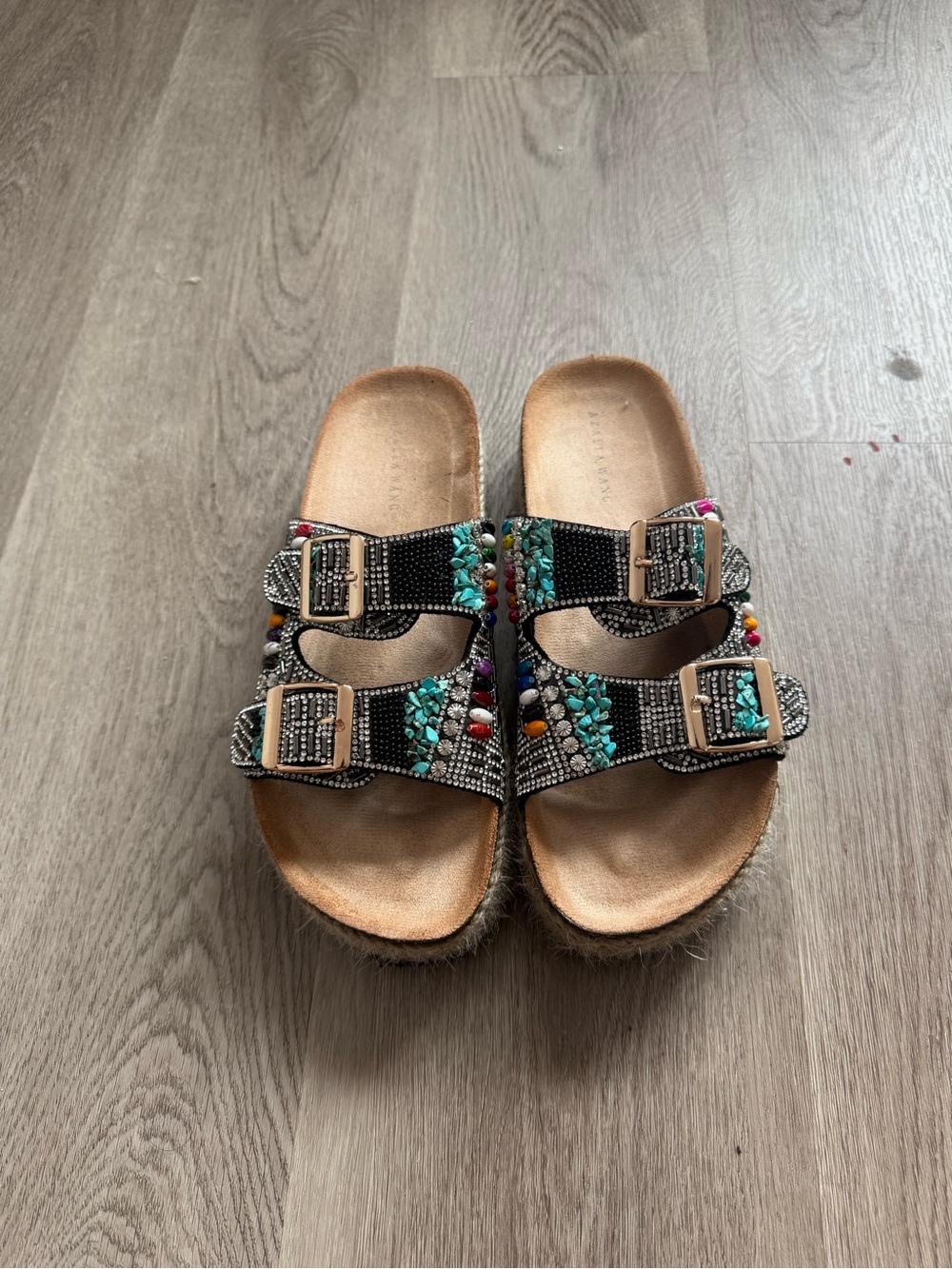 Embellished Black Double-Buckle Slide Sandals
